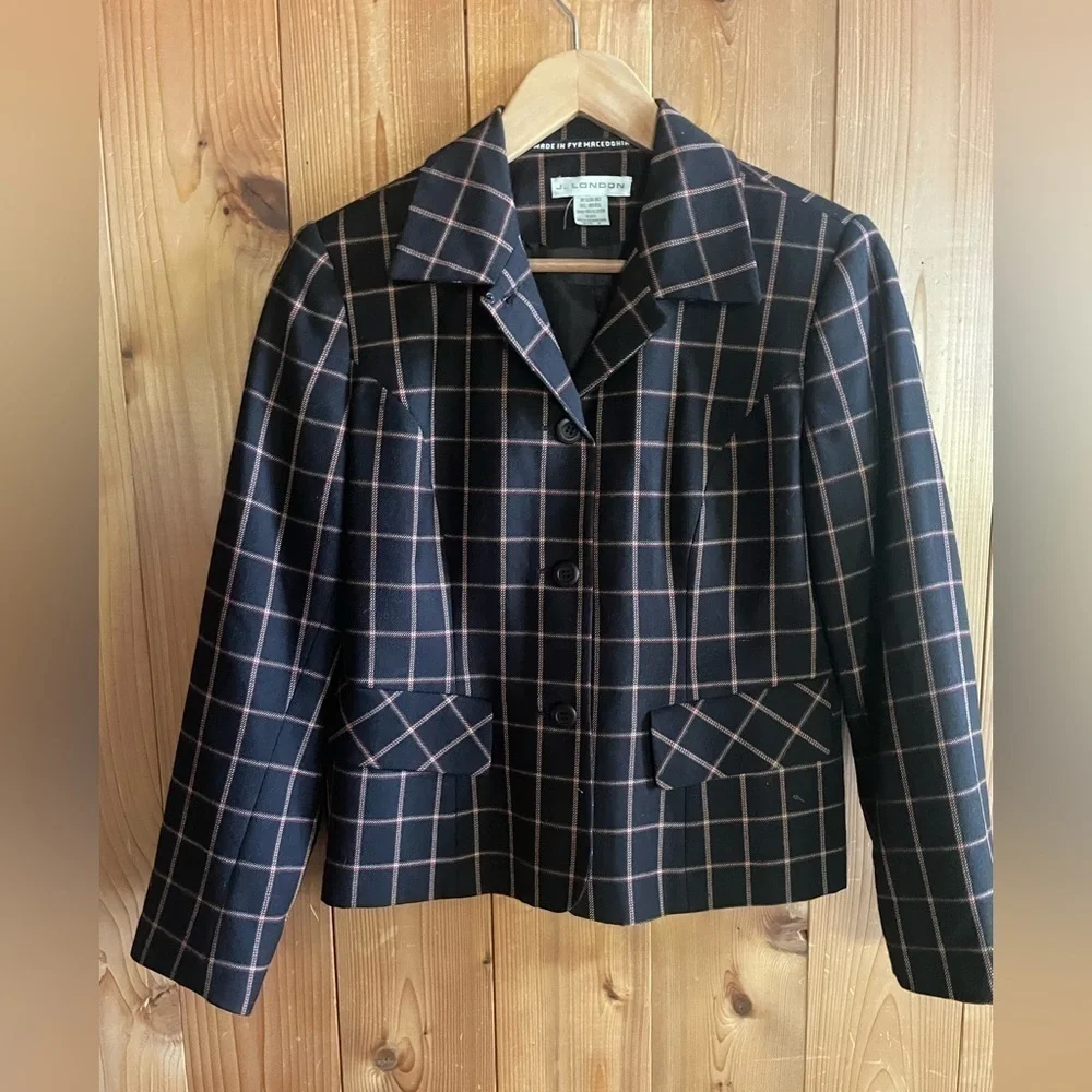 90's Vintage Wool Window Pane Plaid Power Mini Skirt Suit